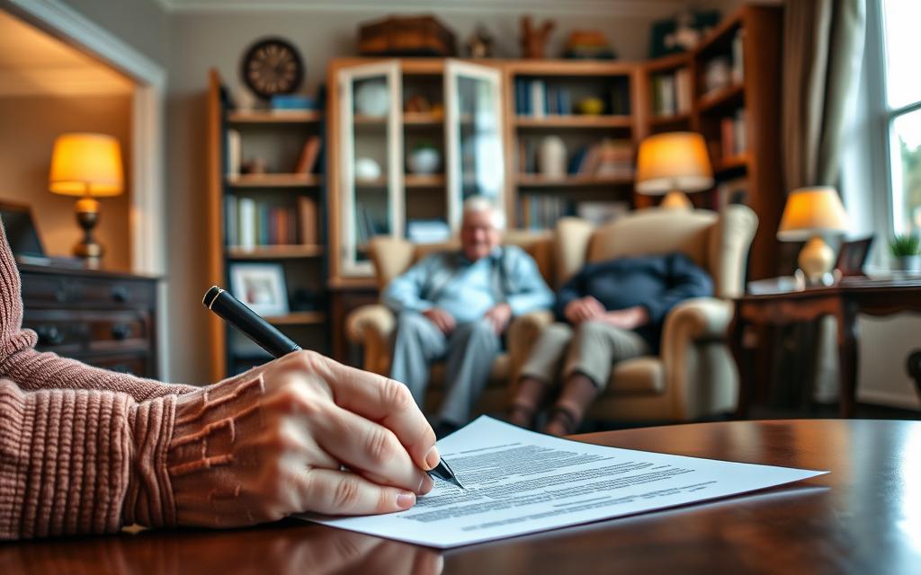 A Detailed Interior Scene Depicting The Benefits Of A Durable Power Of Attorney Document. In The Foreground, A Senior Adult'S Hands Signing Legal Papers, With A Warm, Focused Lighting Illuminating The Important Task. In The Middle Ground, An Elderly Person In A Comfortable Armchair, Surrounded By Personal Mementos, Conveying A Sense Of Security And Peace Of Mind. The Background Shows A Home Office Setting, With Bookshelves, A Desk, And A Window Providing Natural Light, Suggesting The Legal And Organizational Aspects Of The Durable Power Of Attorney. The Overall Mood Is One Of Trust, Responsibility, And The Empowerment Of The Elderly Individual, Captured Through A Cinematic, High-Resolution Photographic Style.