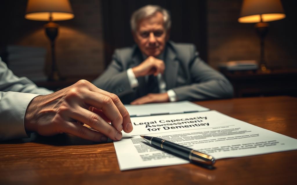 A Dimly Lit Professional Office Setting, Featuring A Wooden Desk With A Legal Document Titled &Quot;Legal Capacity Assessment For Dementia&Quot; And A Pen Resting Atop It. In The Foreground, A Pair Of Hands Carefully Reviewing The Paperwork, Conveying The Gravity And Importance Of The Assessment Process. The Middle Ground Showcases A Thoughtful, Empathetic-Looking Medical Or Legal Professional, Their Expression Reflecting The Sensitive Nature Of Evaluating An Elderly Individual'S Mental Capacity. The Background Is Softly Blurred, Maintaining Focus On The Central Figures And Document. Warm, Muted Lighting Casts A Solemn, Contemplative Atmosphere, Underscoring The Legal And Ethical Considerations Involved In This Delicate Assessment.