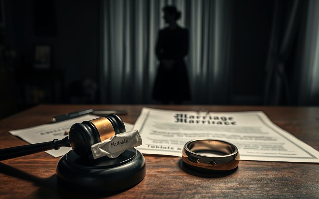 A Dimly Lit, Vintage-Inspired Scene Depicting Various Legal Documents And Emblems That Represent The Concept Of A &Quot;Voidable Marriage.&Quot; In The Foreground, A Crumpled Marriage Certificate And A Gavel Rest On A Wooden Desk, Hinting At The Legal Proceedings Involved. The Middle Ground Features A Tarnished Wedding Ring, Symbolizing The Dissolution Of The Marital Bond. In The Background, A Silhouetted Figure Stands In A Contemplative Pose, Representing The Individual Undergoing The Annulment Process. The Lighting Is Soft And Moody, Creating An Atmosphere Of Solemnity And Reflection. The Overall Composition Conveys The Gravity And Complexity Of The Subject Matter.