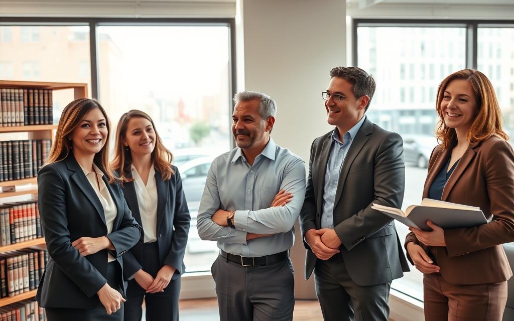 A Group Of Passionate Legal Advocates Standing Confidently In A Modern, Well-Lit Office Setting. In The Foreground, Three Individuals In Professional Attire - A Woman In A Sharp Suit, A Man In A Crisp Dress Shirt, And Another Woman With A Warm, Approachable Demeanor - Engage In A Lively Discussion. In The Middle Ground, Law Books And Legal Documents Adorn The Shelves, Conveying Expertise And Dedication. The Background Features Large Windows Overlooking The Bustling Streets Of A New England City, Casting A Soft, Natural Light Throughout The Space. An Atmosphere Of Professionalism, Community, And A Commitment To Justice Permeates The Scene. A Group Of Passionate Legal Advocates Standing Confidently In A Modern, Well-Lit Office Setting. In The Foreground, Three Individuals In Professional Attire - A Woman In A Sharp Suit, A Man In A Crisp Dress Shirt, And Another Woman With A Warm, Approachable Demeanor - Engage In A Lively Discussion. In The Middle Ground, Law Books And Legal Documents Adorn The Shelves, Conveying Expertise And Dedication. The Background Features Large Windows Overlooking The Bustling Streets Of A New England City, Casting A Soft, Natural Light Throughout The Space. An Atmosphere Of Professionalism, Community, And A Commitment To Justice Permeates The Scene.