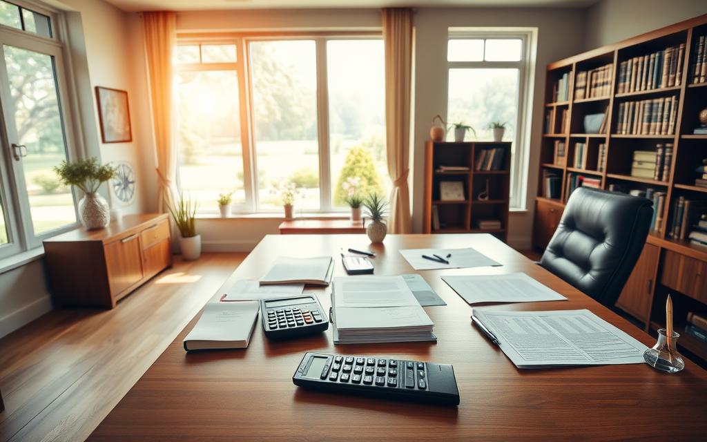 A Modern, Spacious Home Office With A Large Wooden Desk, A Row Of Bookshelves, And A Comfortable Leather Chair. On The Desk, Various Legal Documents, A Calculator, And A Pen Holder. The Room Is Flooded With Warm, Natural Light From A Large Window, Casting A Soft Glow On The Scene. In The Background, A Peaceful Garden Is Visible Through The Window, Adding A Sense Of Serenity. The Overall Atmosphere Conveys The Importance And Professionalism Of Estate Planning, With Attention To Detail And A Focus On Providing Comprehensive Legal Services. A Modern, Spacious Home Office With A Large Wooden Desk, A Row Of Bookshelves, And A Comfortable Leather Chair. On The Desk, Various Legal Documents, A Calculator, And A Pen Holder. The Room Is Flooded With Warm, Natural Light From A Large Window, Casting A Soft Glow On The Scene. In The Background, A Peaceful Garden Is Visible Through The Window, Adding A Sense Of Serenity. The Overall Atmosphere Conveys The Importance And Professionalism Of Estate Planning, With Attention To Detail And A Focus On Providing Comprehensive Legal Services.