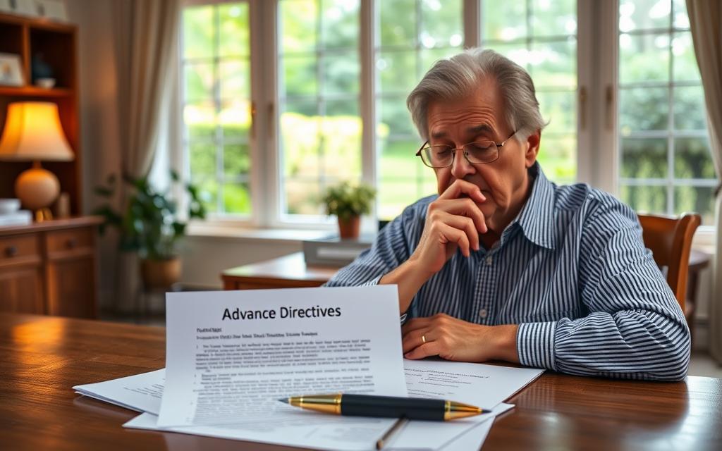 A Spacious Home Office With Warm, Soft Lighting Illuminating A Wooden Desk. On The Desk, A Stack Of Legal Documents Labeled &Quot;Advance Directives&Quot; And A Pen Resting Beside Them. In The Foreground, A Thoughtful Senior Adult Contemplates The Papers, Their Expression Conveying The Gravity Of The Task At Hand. The Background Features A Large Window Overlooking A Tranquil, Lush Garden, Symbolizing The Importance Of Planning For The Future. The Scene Exudes A Sense Of Quiet Contemplation And Careful Consideration, Reflecting The &Quot;Early Planning: Advance Directives And Family Conversations&Quot; Section Of The Article.