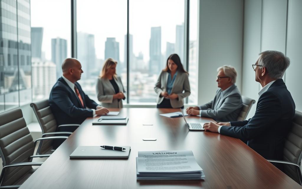 A Clean, Well-Lit Conference Room With A Large Table And Modern Chairs. On The Table, A Stack Of Legal Documents, A Pen, And A Laptop Computer. In The Middle Ground, A Group Of People In Business Attire - A Lawyer, A Case Manager, And Nursing Home Representatives - Are Engaged In A Serious Discussion. The Background Features A Window Overlooking A Bustling City Skyline, Conveying A Sense Of Professionalism And The Gravity Of The Legal Process. Soft, Diffused Lighting Creates An Atmosphere Of Thoughtful Deliberation As They Navigate The Steps Of A Nursing Home Injury Case.