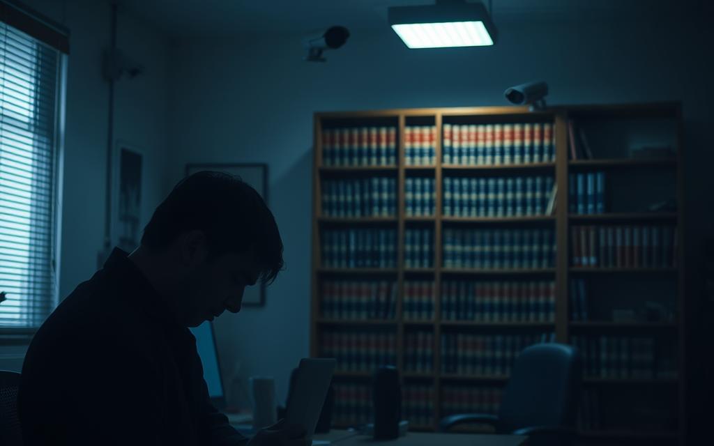 A Dimly Lit Office Space, With A Desktop Computer And Surveillance Cameras Mounted On The Walls, Casting An Ominous Glow. In The Foreground, The Silhouette Of An Employee, Their Head Bowed, Evoking A Sense Of Unease And Vulnerability. The Middle Ground Features A Towering Bookshelf, Its Shelves Adorned With Law Books, Hinting At The Legal Implications Of The Scene. The Background Is Obscured In Shadows, Suggesting The Hidden, Unseen Nature Of The Surveillance. The Overall Atmosphere Is One Of Tension, Highlighting The Conflict Between An Employer'S Desire For Control And An Employee'S Right To Privacy.
