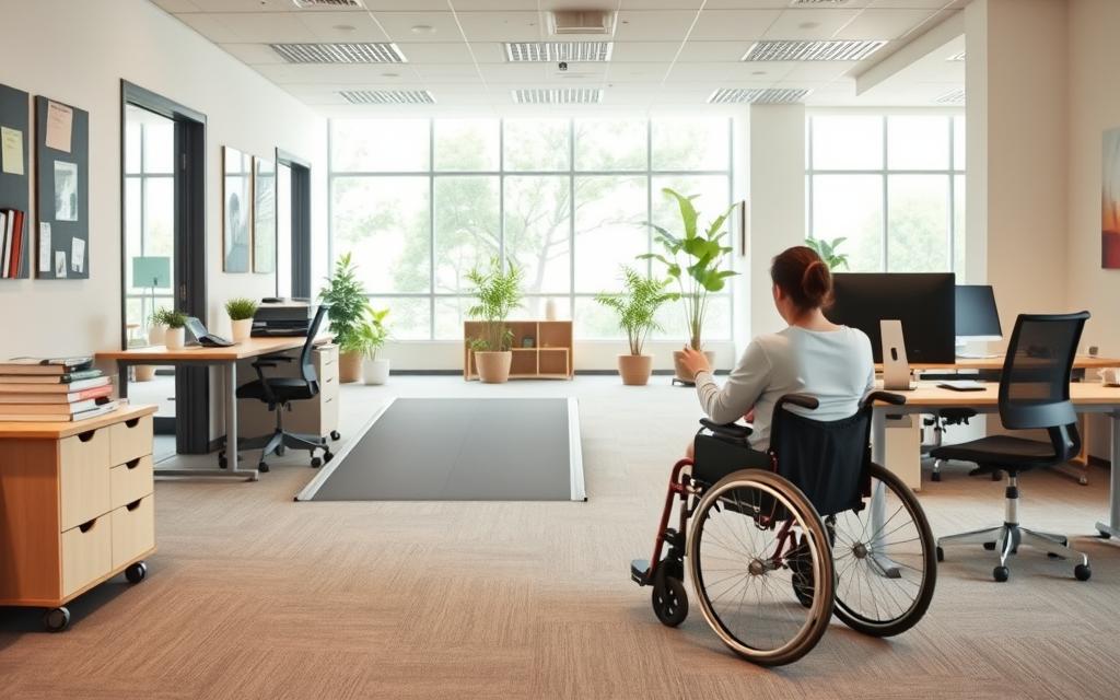 A Modern Office Interior With A Desk, Computer, And Office Supplies. In The Foreground, A Person In A Wheelchair Sits At The Desk, Using The Computer. The Middle Ground Shows Various Accessibility Features, Such As A Ramp, Wide Doorways, And Ergonomic Furniture. The Background Depicts A Bright, Natural-Lit Space With Large Windows, Potted Plants, And Neutral-Toned Walls. The Overall Scene Conveys A Sense Of Inclusivity, Comfort, And Compliance With Ada Regulations, Highlighting The Importance Of Reasonable Accommodations In The Workplace.