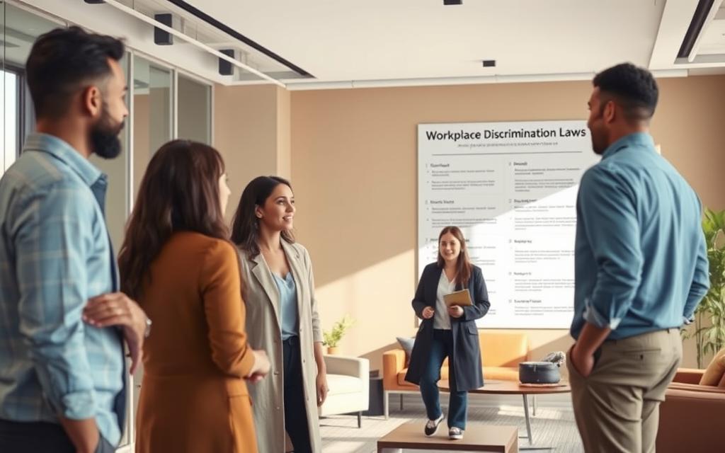 A Modern Office Interior With An Inclusive And Diverse Workforce, Illuminated By Soft, Natural Lighting. In The Foreground, A Group Of Employees From Different Backgrounds Engage In A Discussion, Their Body Language And Facial Expressions Conveying A Sense Of Empowerment And Understanding. In The Middle Ground, A Large, Informative Poster Outlines Key Workplace Discrimination Laws, Serving As A Visual Reference For Employees. The Background Features Sleek, Minimalist Furnishings And A Warm, Welcoming Color Palette, Creating An Atmosphere Of Professionalism And Respect.